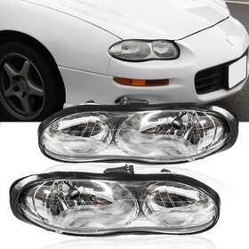 Gm2502211 Leadzm Headlights Head Lamps Chrome Housing Clear Lens Pair For 1998-2002 Chevy Camaro