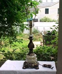 Vintage Brass Plate Custard Glass Marble Double Socket Table Boudoir Mantle Lamp. Fixed Price $159.99.